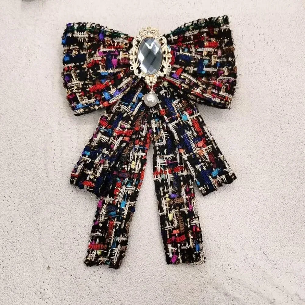 Women's Faux Pearl Rhinestone Bowknot Brooch Pin Elegant Necklace Accessory